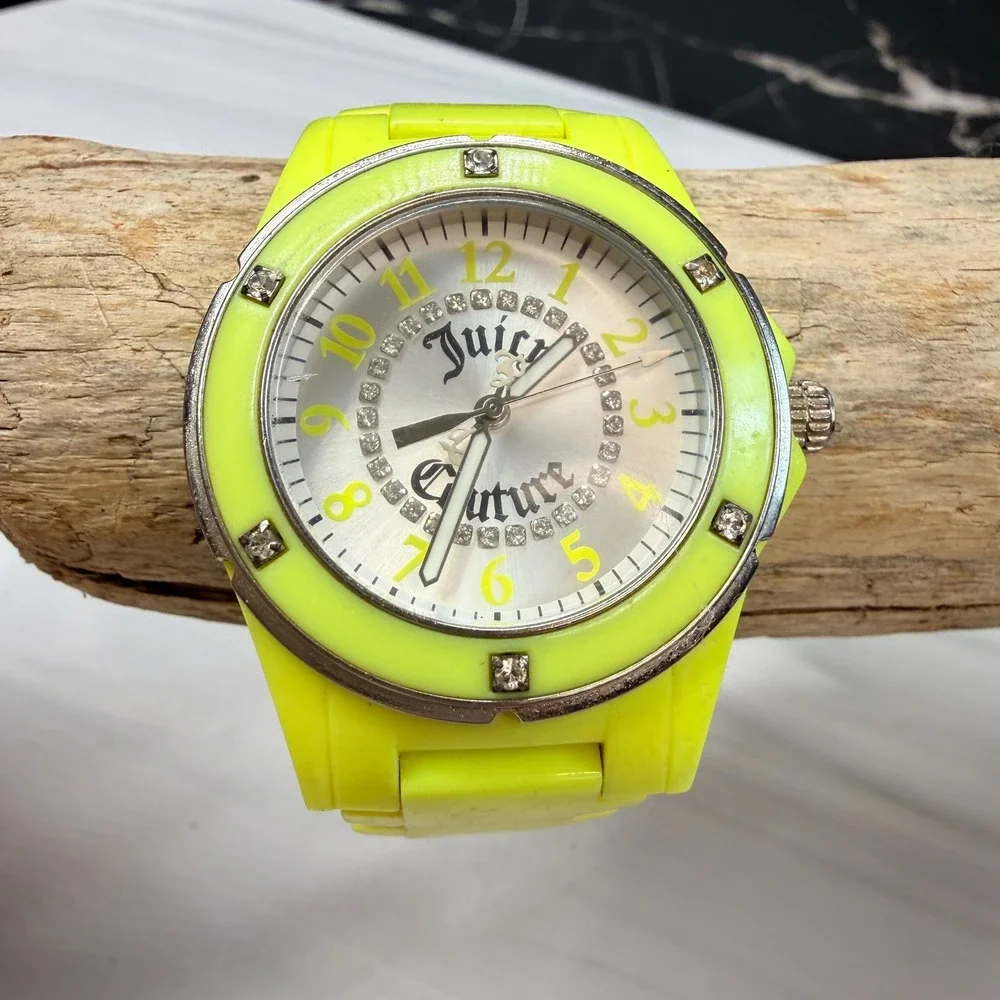 Juicy Couture Neon Yellow Crystal Accent Link Bracelet Watch Working